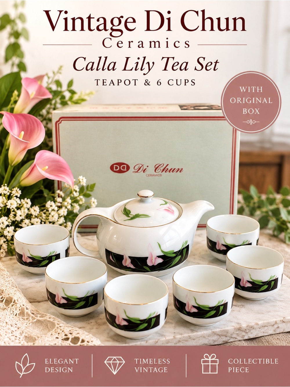 Vintage Di Chun Calla Lily Porcelain Tea Set Teapot 6 Cups Original Box